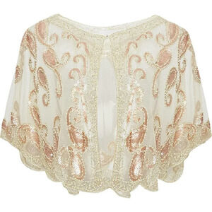 Babeyond 1920s  Shawl Wraps Beaded Evening Cape Bridal Shawl Cover Up (Beige)